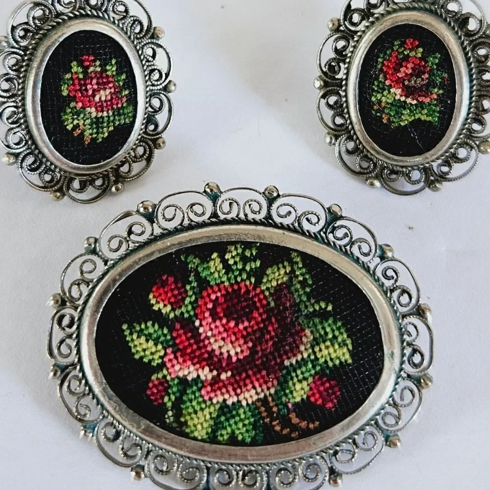 Vintge Demi Parure Petit Point Floral Needlework Filigree Earring Brooch Pin Set